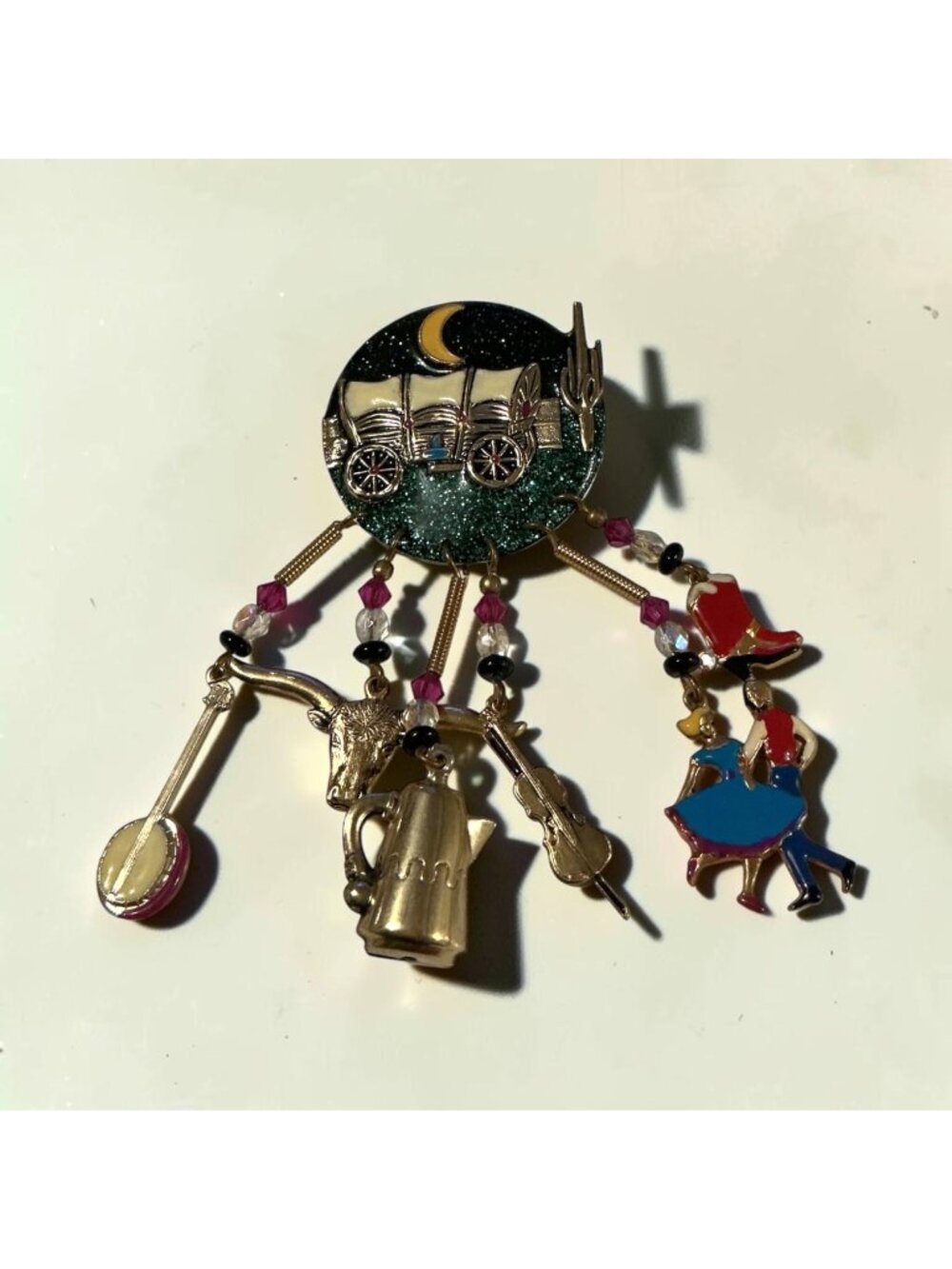 Moulin Rouge Vintage Enameled Western Charm Brooch With Covered Wagon & Dangling